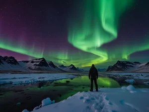 Solo holidays traveler experiencing the Northern Lights in Iceland