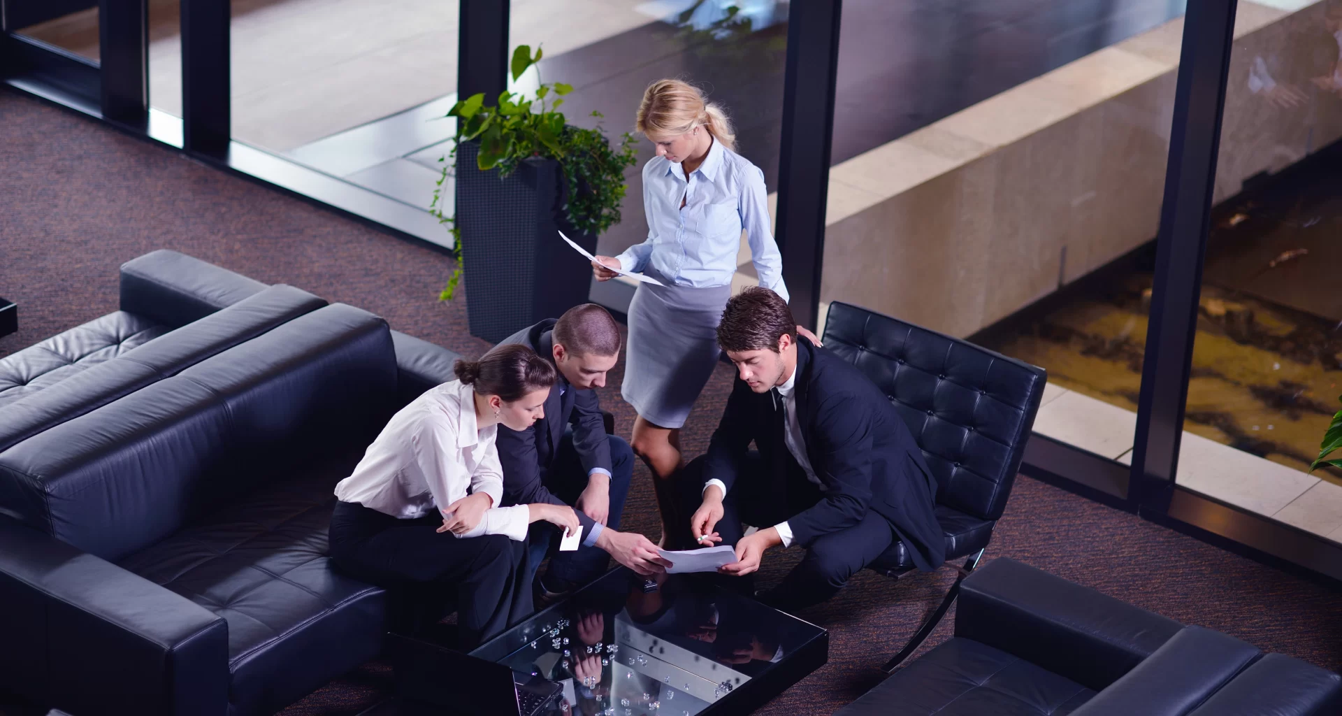 Global team meeting in a corporate hotel