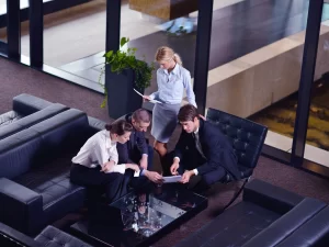 Global team meeting in a corporate hotel